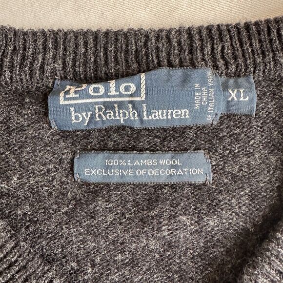 Vintage Polo Ralph Lauren Sweater Mens XL Charcoal 100% Lambswool V-Neck Pony - Picture 4 of 6